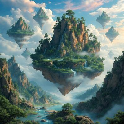 The primary subject of the image is a fantasy landscape featuring a large, floating island with a waterfall. The island is surrounded by a lush, green forest filled with trees and water. The setting is a cloudy sky, which adds to the overall atmosphere of the scene. The visual style of the image is digital art, creating a vibrant and imaginative world. The dominant colors are green, blue, and white, giving the scene a serene and magical feel.